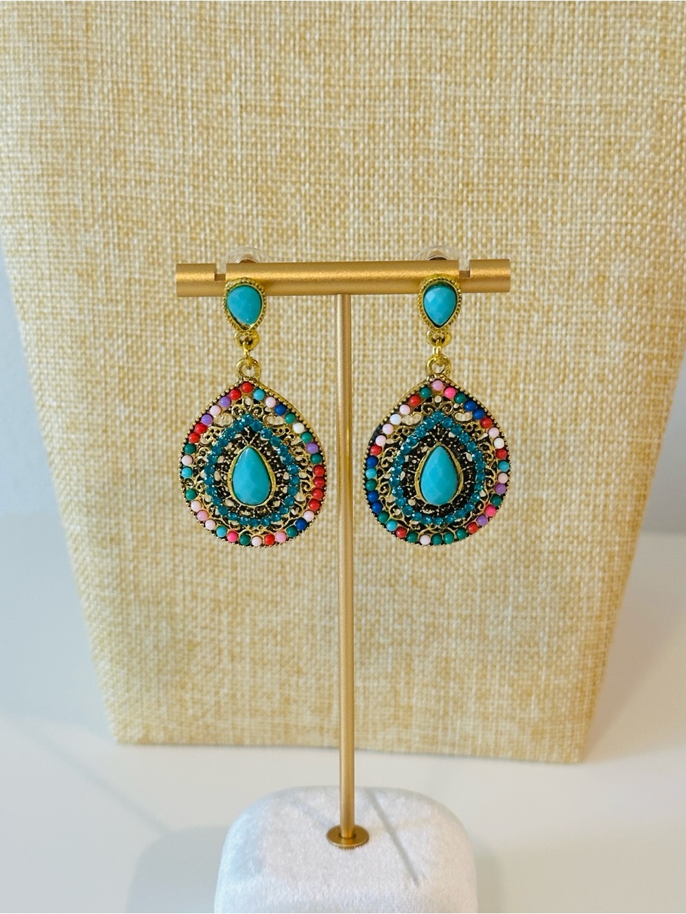 Fashion Jewelry Gold-Tone Turquoise Teardrop Multicolor Dangle Earrings